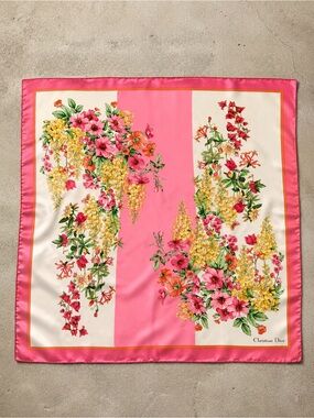 Dior vintage Pink and Yellow Floral Silk Scarf